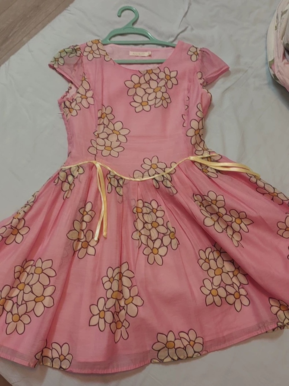 Girls Pink Floral Party Dress with Yellow Ribbon